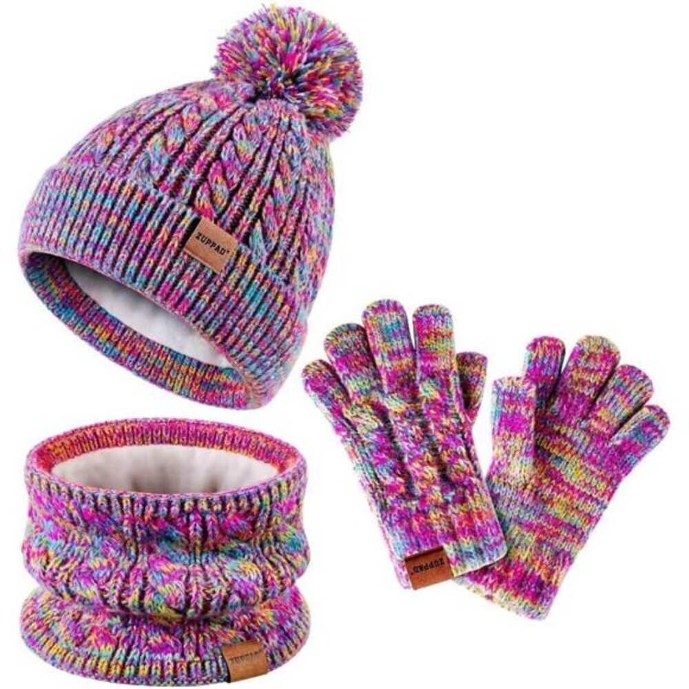 Kids Winter Hat Gloves Scarf Set,Girls Toddler Children Hats Beanie with Pom - Picture 1 of 7